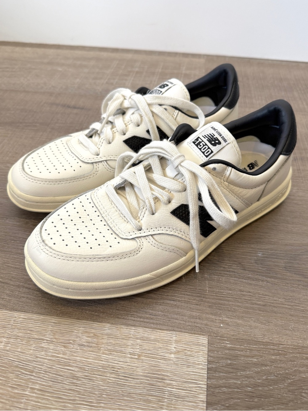 Aime Leon Dore New Balance T500 Size 7.5 White Black Leather Low Top Sneakers